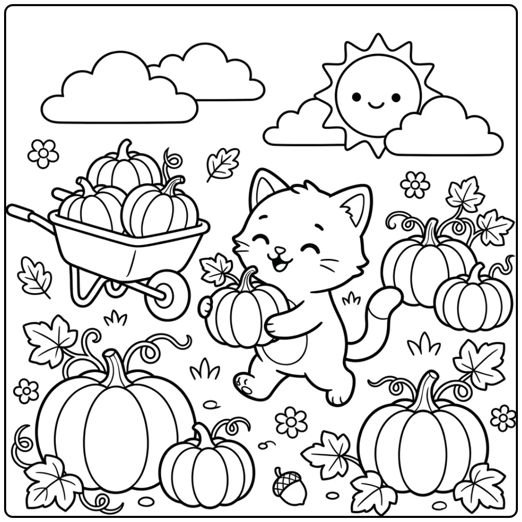 Easy Cat coloring page in a pumpkin field