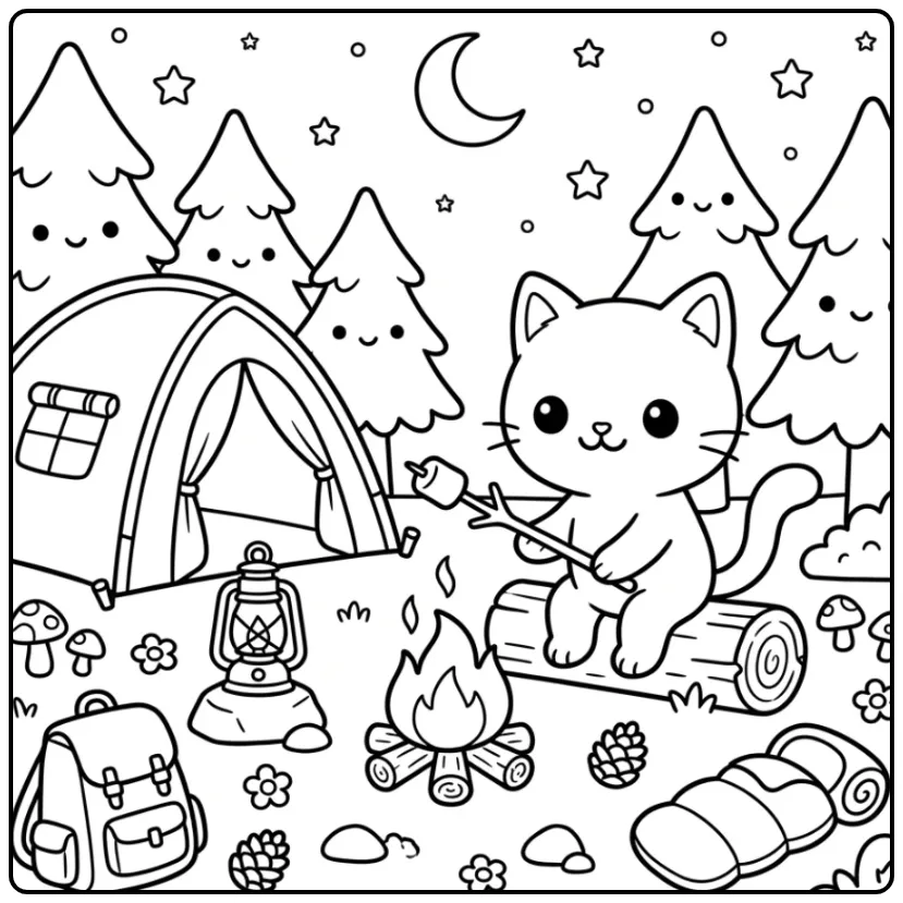 Easy Cat coloring page camping by a campfire