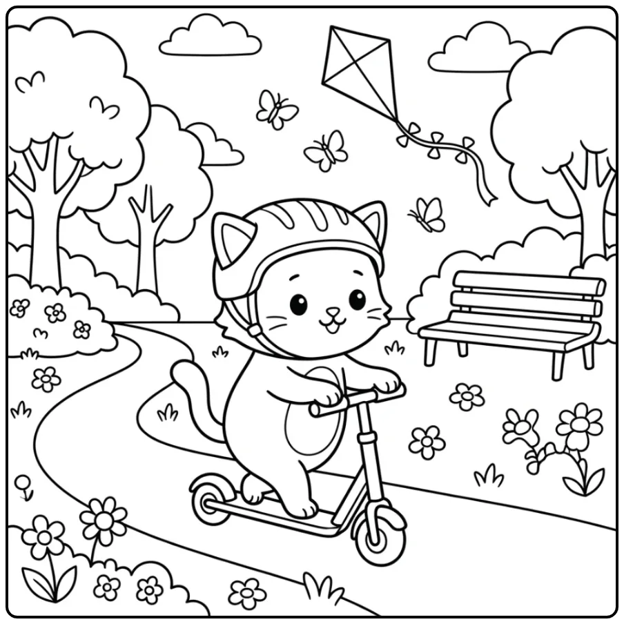 Easy Cat coloring page with a kitten on a scooter