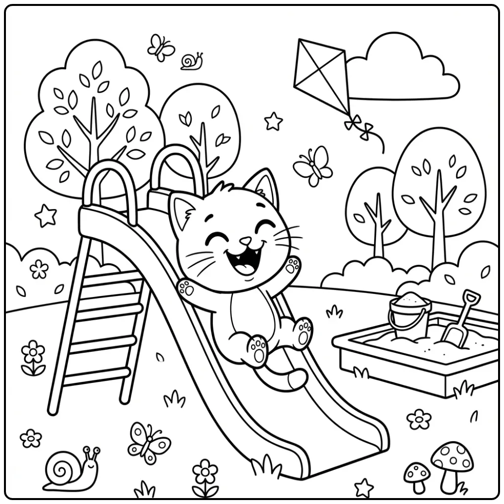 Easy Cat coloring page sliding down a slide