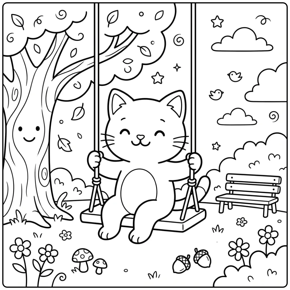 Easy Cat coloring page on a swing