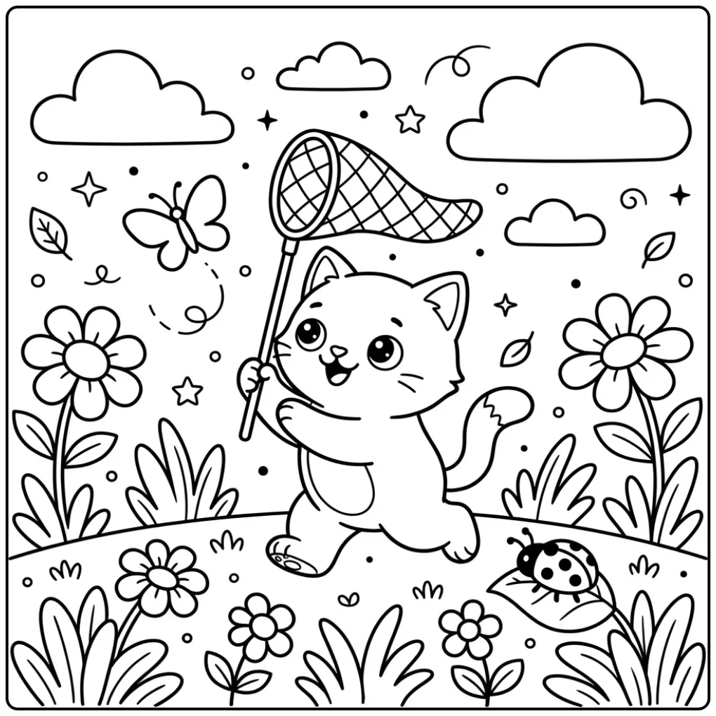 Easy Cat coloring page catching a butterfly in the grass