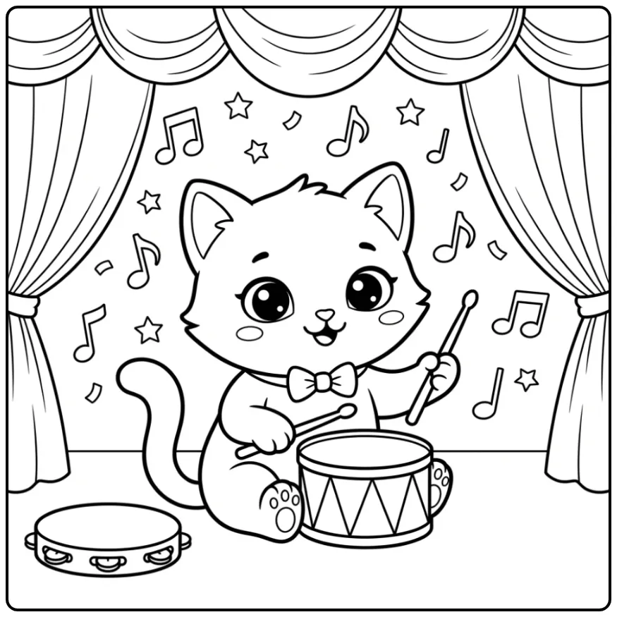 Easy Cat coloring page with drumsticks and stars