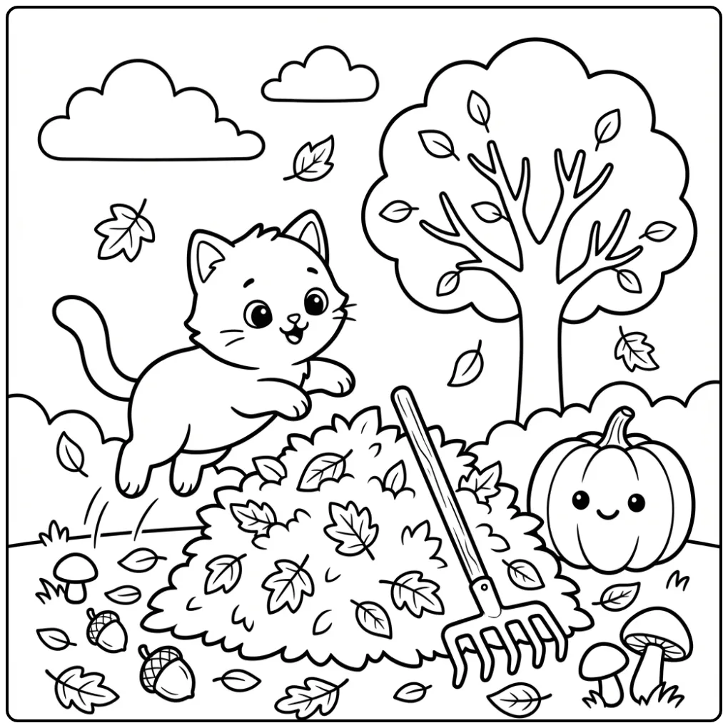 Easy Cat coloring page with pumpkin and leaves