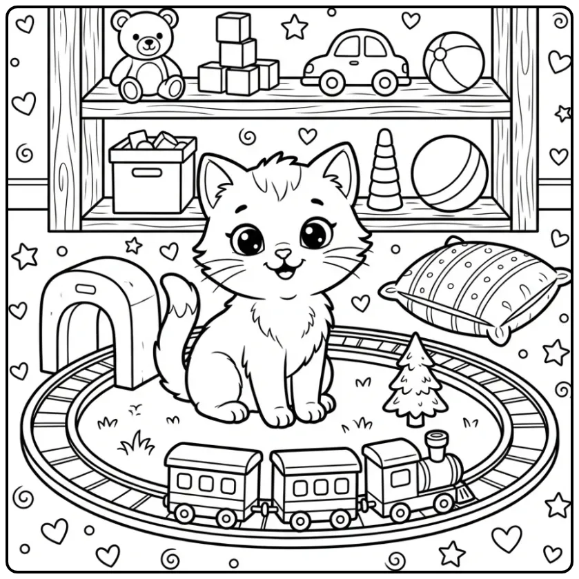Easy Cat coloring page with a toy train