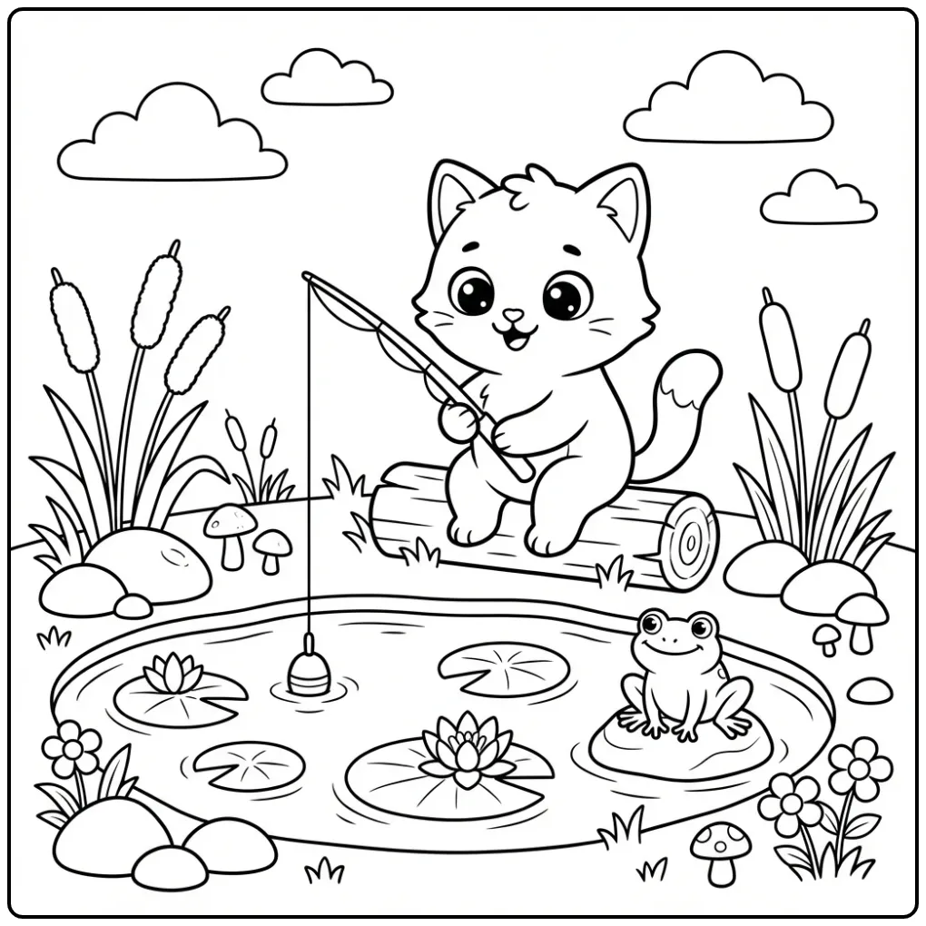 Easy Cat coloring page fishing by a pond with a frog