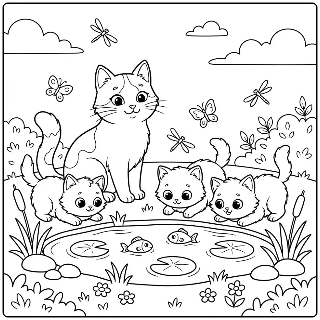 Fun Cat with Kittens by a Pond coloring page