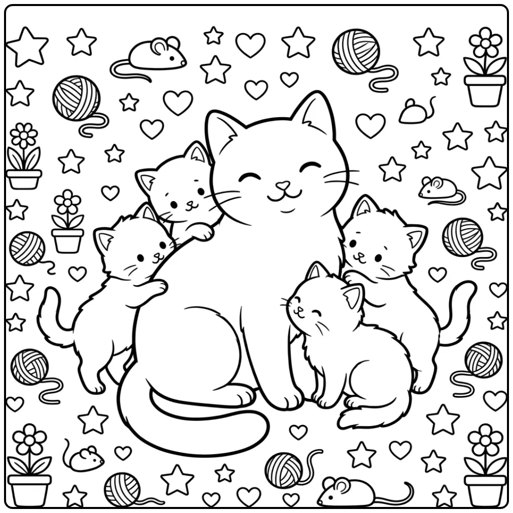 Fun Cat with Kittens coloring page