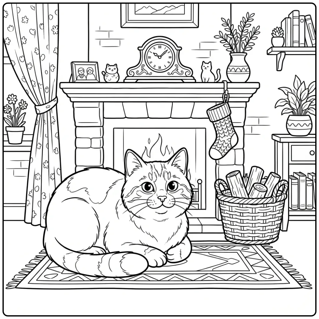 Cat coloring page sitting by the fireplace