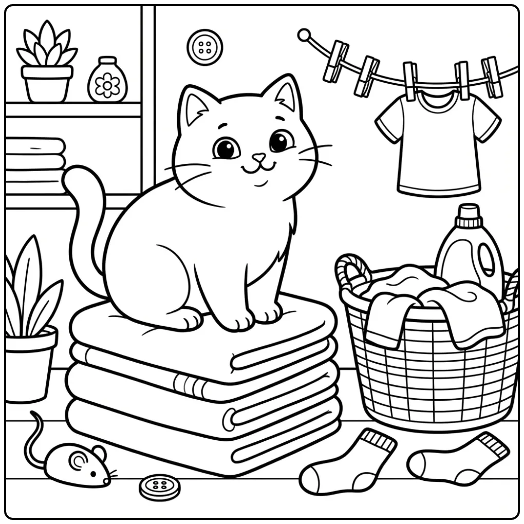 Cat coloring page sitting on towels in the laundry room