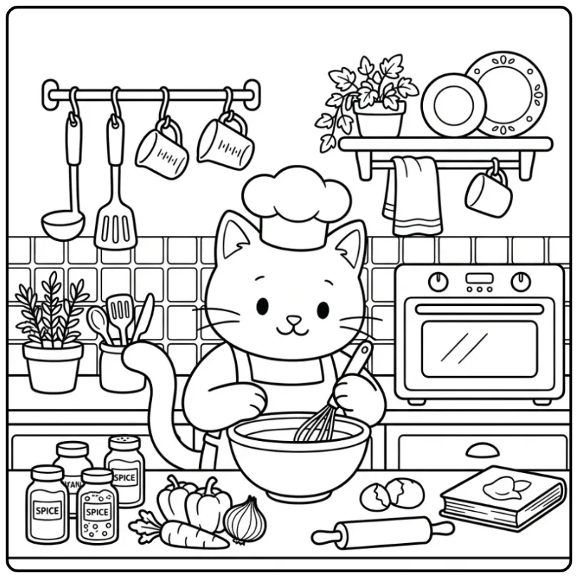 Adult Cat coloring page chef in the kitchen
