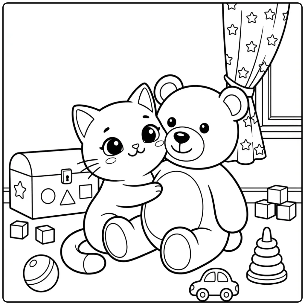 Kawaii Cat coloring page with a big teddy bear