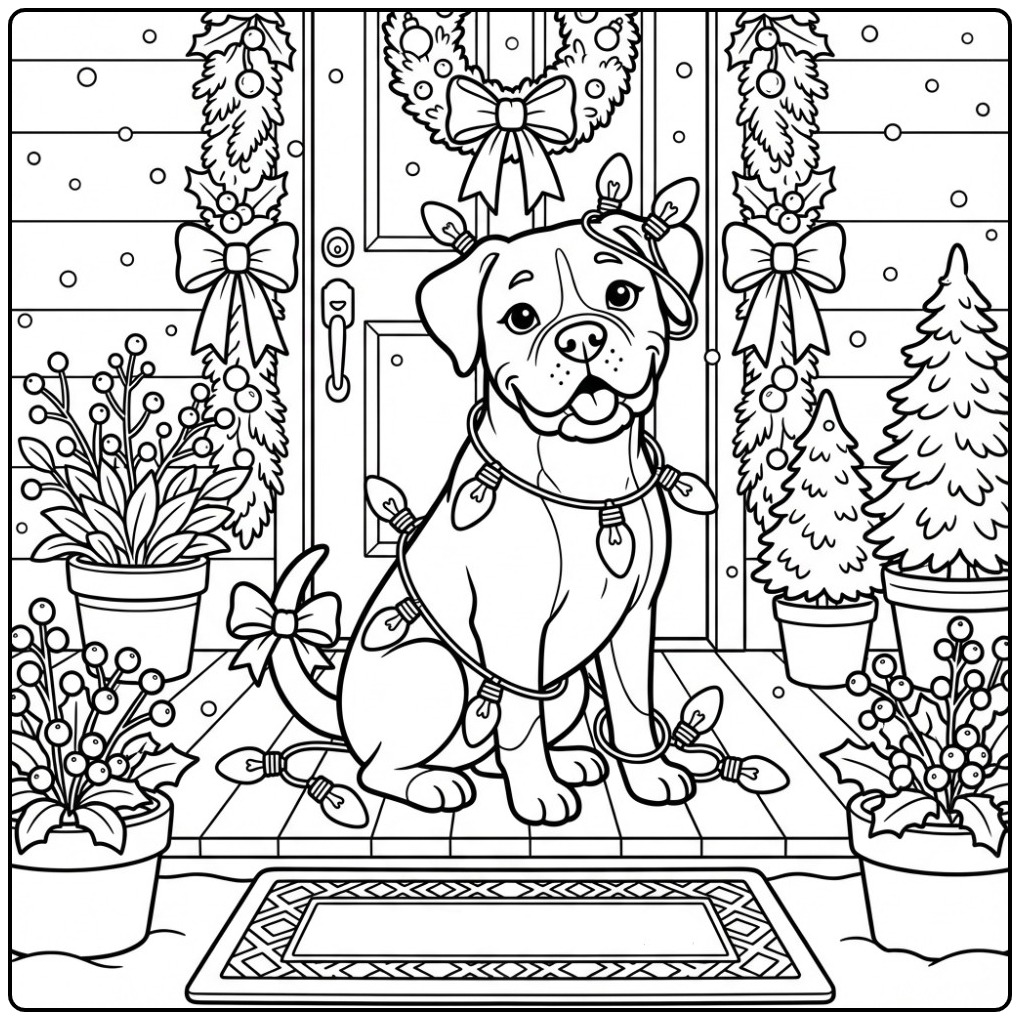 Boxer Christmas Dog Tangled in Christmas Lights coloring page