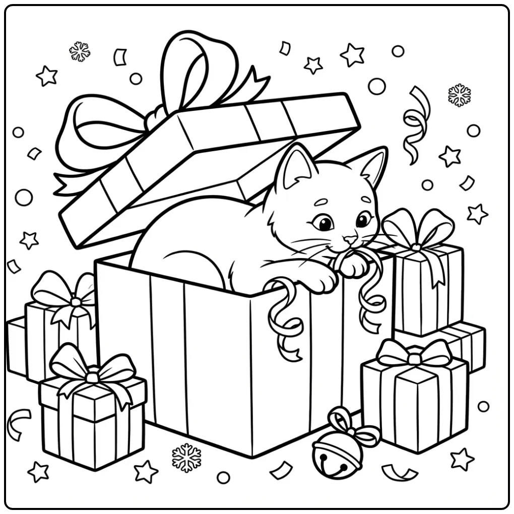 Christmas Cat coloring page in a box with ribbon