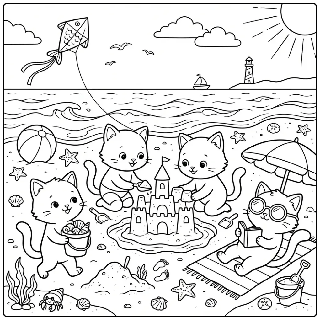 Fun Kittens at the Beach with a Parasol coloring page