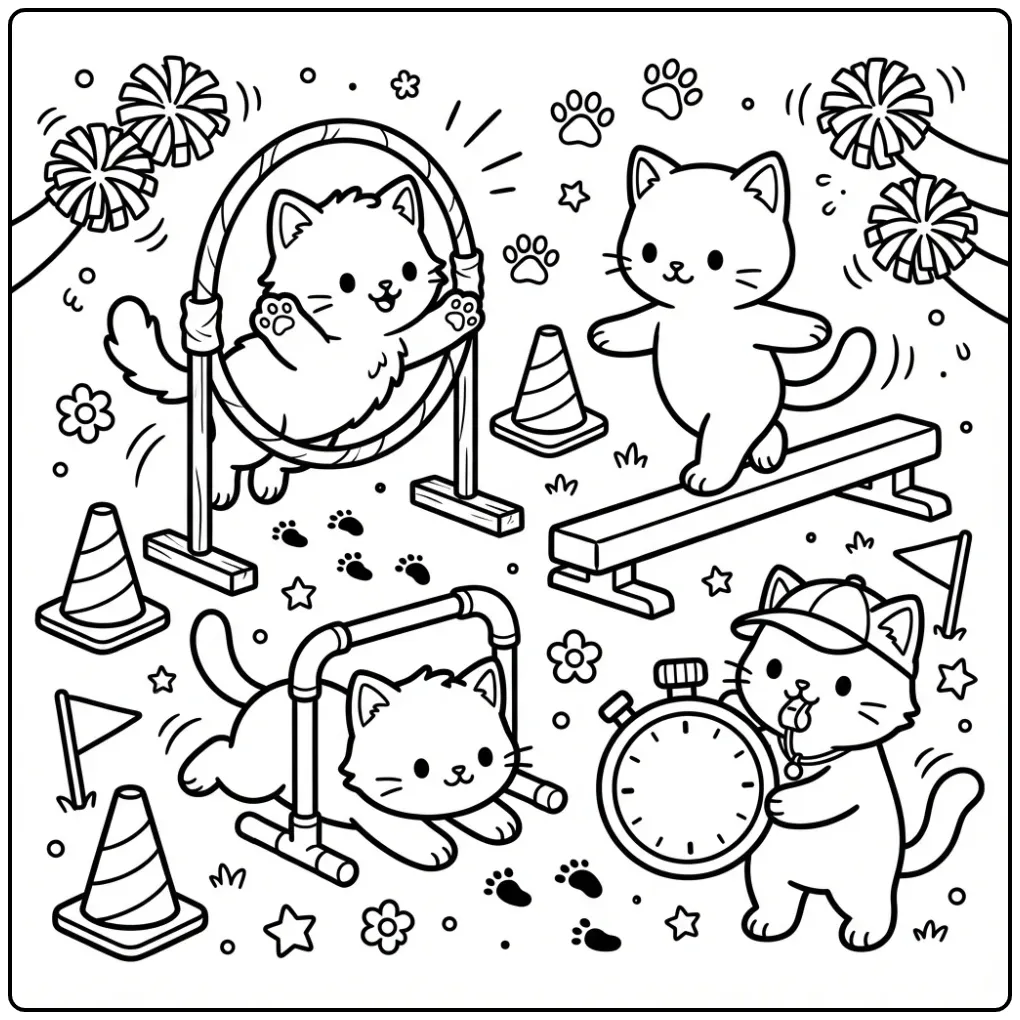 Fun Kittens on an Obstacle Course coloring page