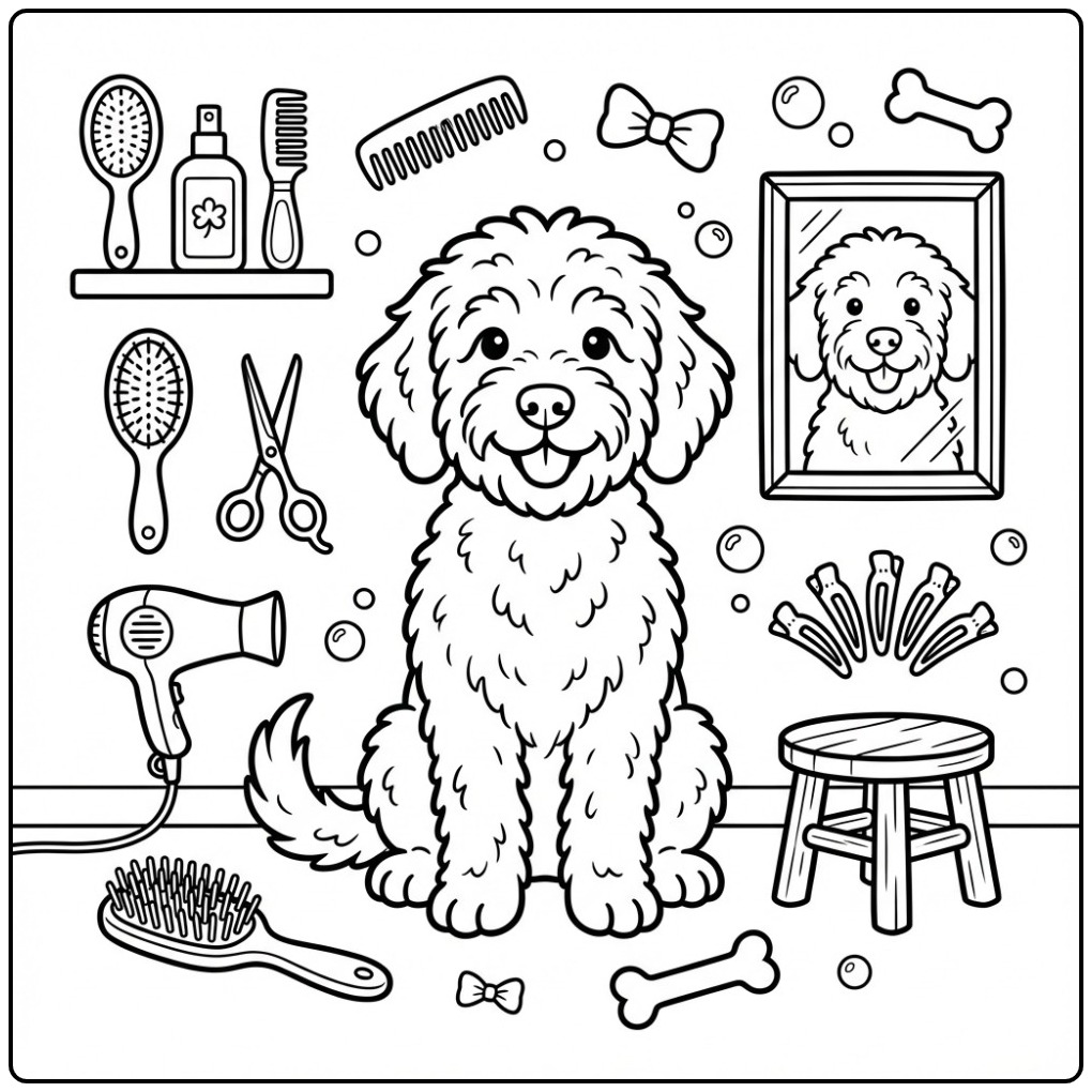 Labradoodle at a Grooming Salon coloring page