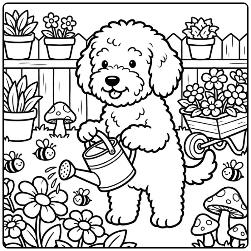 Labradoodle Watering Flowers in the Garden coloring page