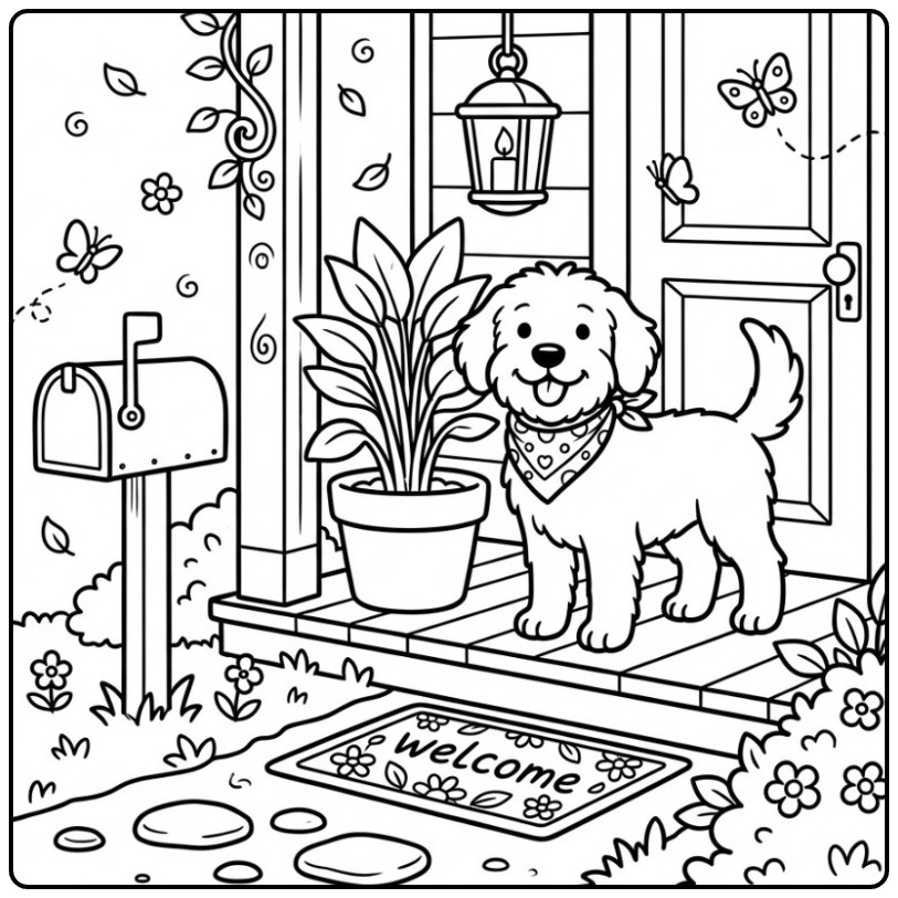 Labradoodle Waiting on the Porch coloring page