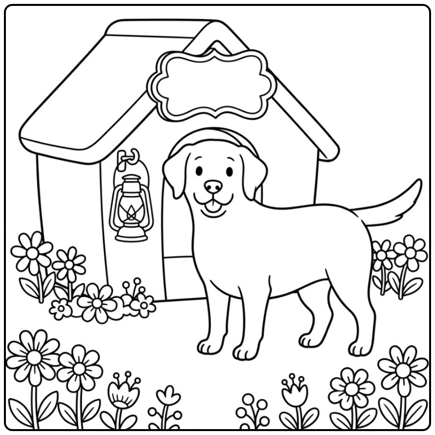 Fun Labrador in a Garden Full of with Flowers coloring page