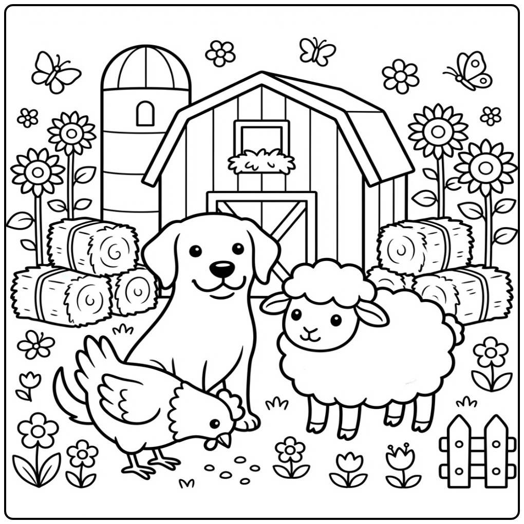 Fun Labrador with Farm Animals and a Barn coloring page