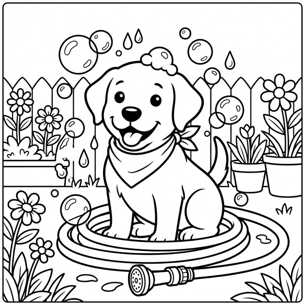 Fun Labrador with Bubbles in the Backyard coloring page