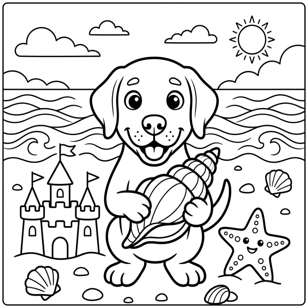 Fun Labrador on Sunny Beach with a Shell coloring page