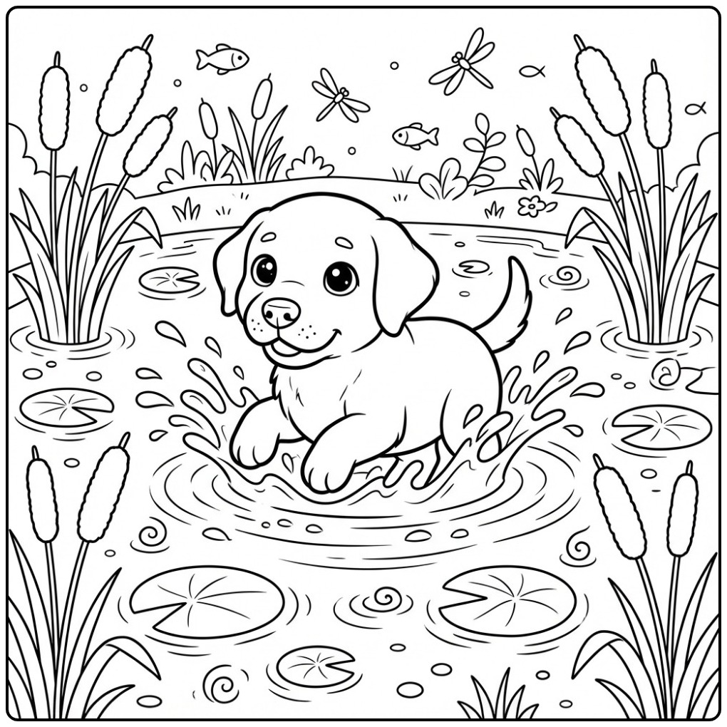 Fun Labrador Pup Playing Among the Water Lilies coloring page