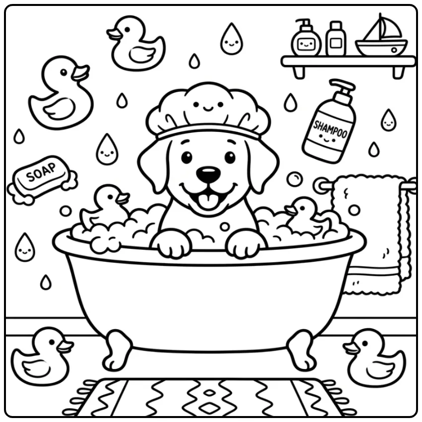 Fun Labrador Puppy in Bathtub with Many Foam coloring page