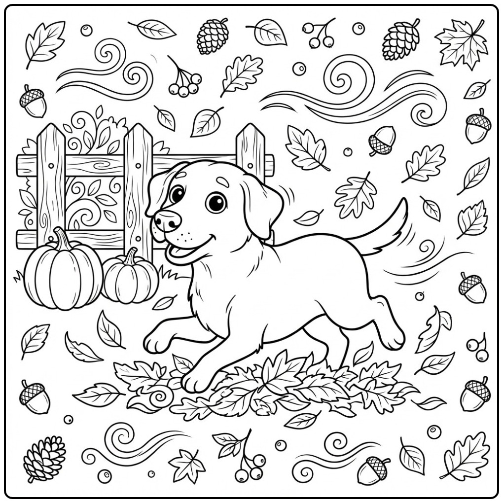 Fun Labrador Running Through the Drifting Leaves coloring page