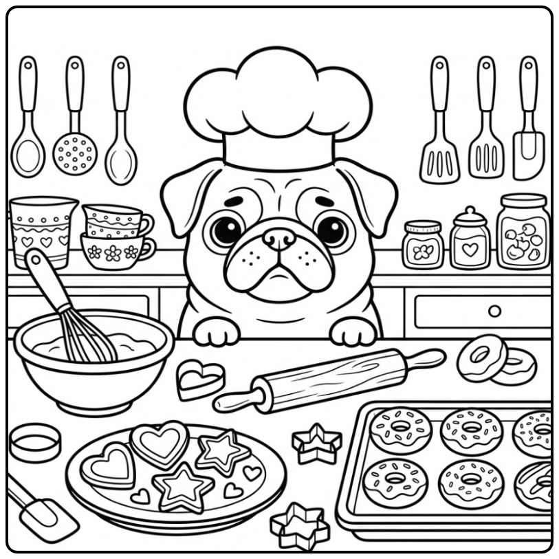 Fun Pug Baking Cookies and Tasty Donuts coloring page