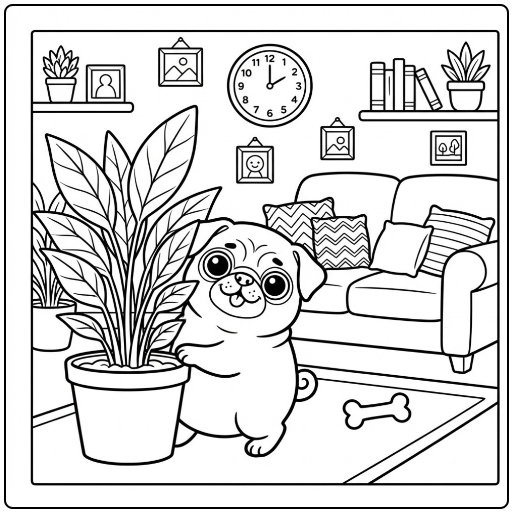 Fun Pug with a Big Plant Standing coloring page