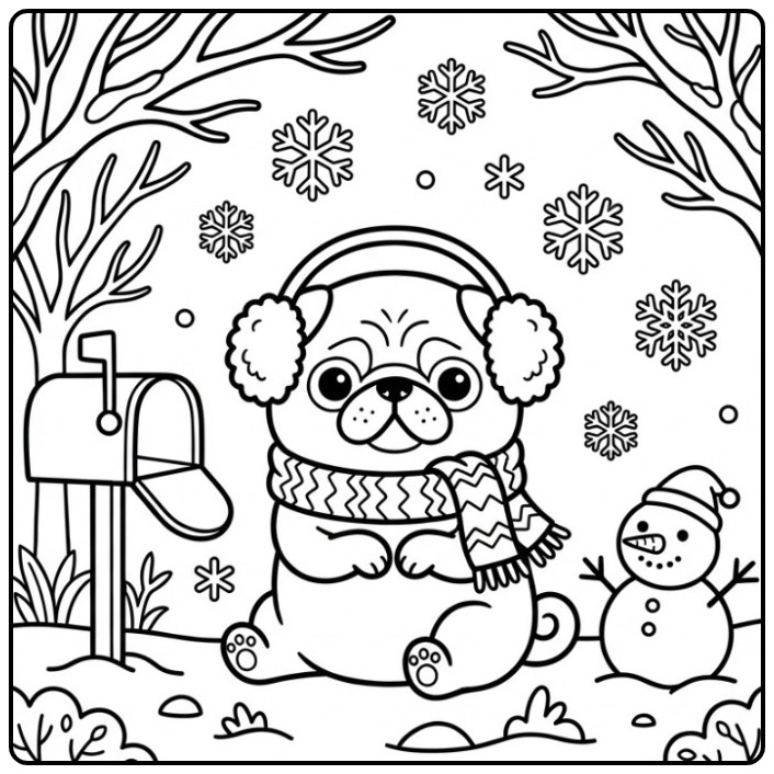 Fun Pug in the Snow with a Small Snowman coloring page
