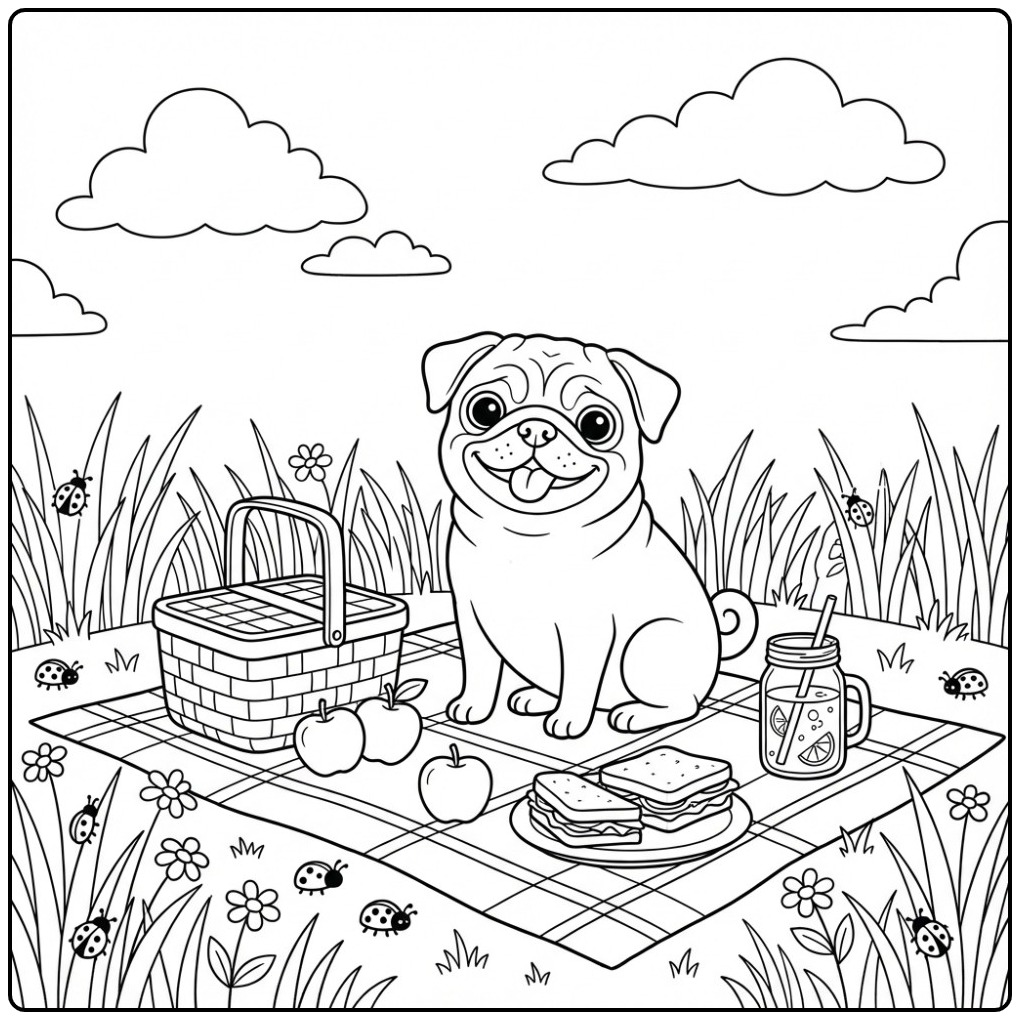 Fun Pug with Picnic Basket and Sandwiches coloring page