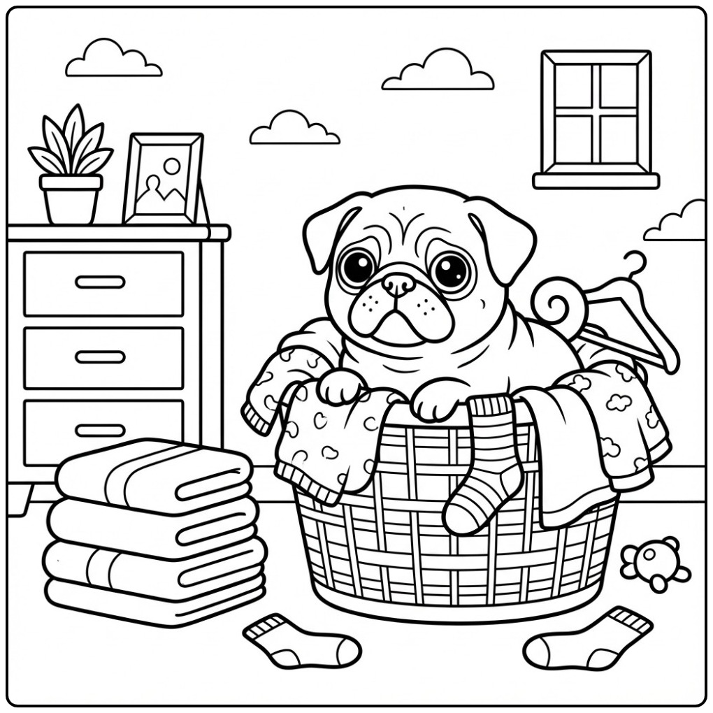 Fun Pug Hidden in the Laundry coloring page