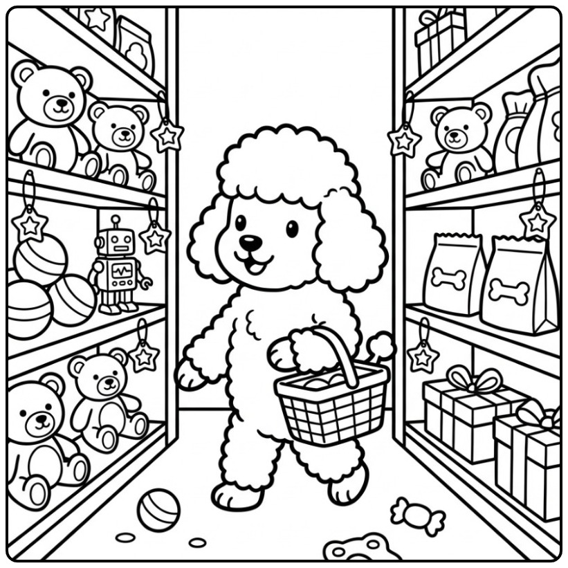 Fun Poodle at the Shopping for Toys coloring page