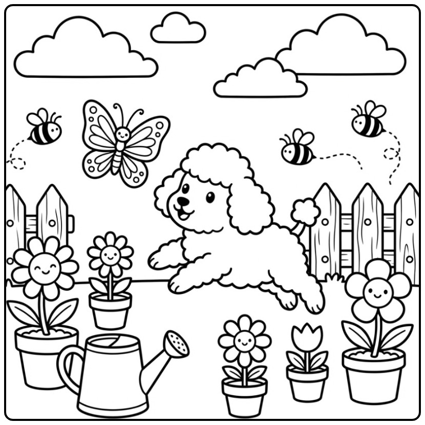 Fun Poodle in a Sunny Flower Garden coloring page