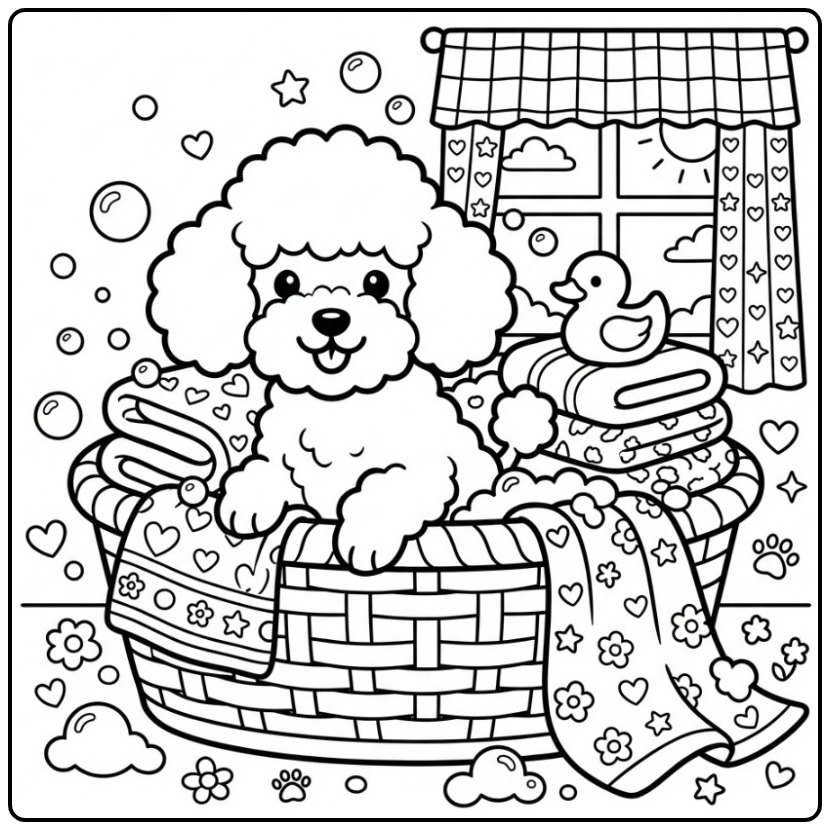Fun Poodle with Rubber Duck in a Laundry Basket coloring page