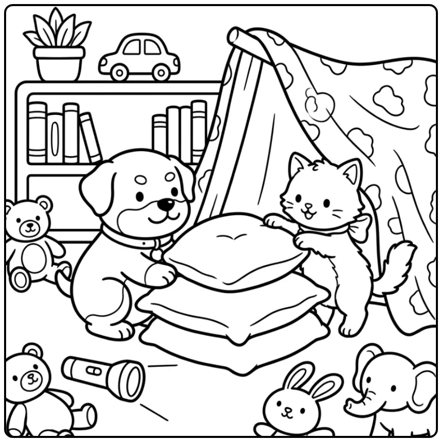Rottweiler Puppy and Kitten Building a Pillow Fort coloring page