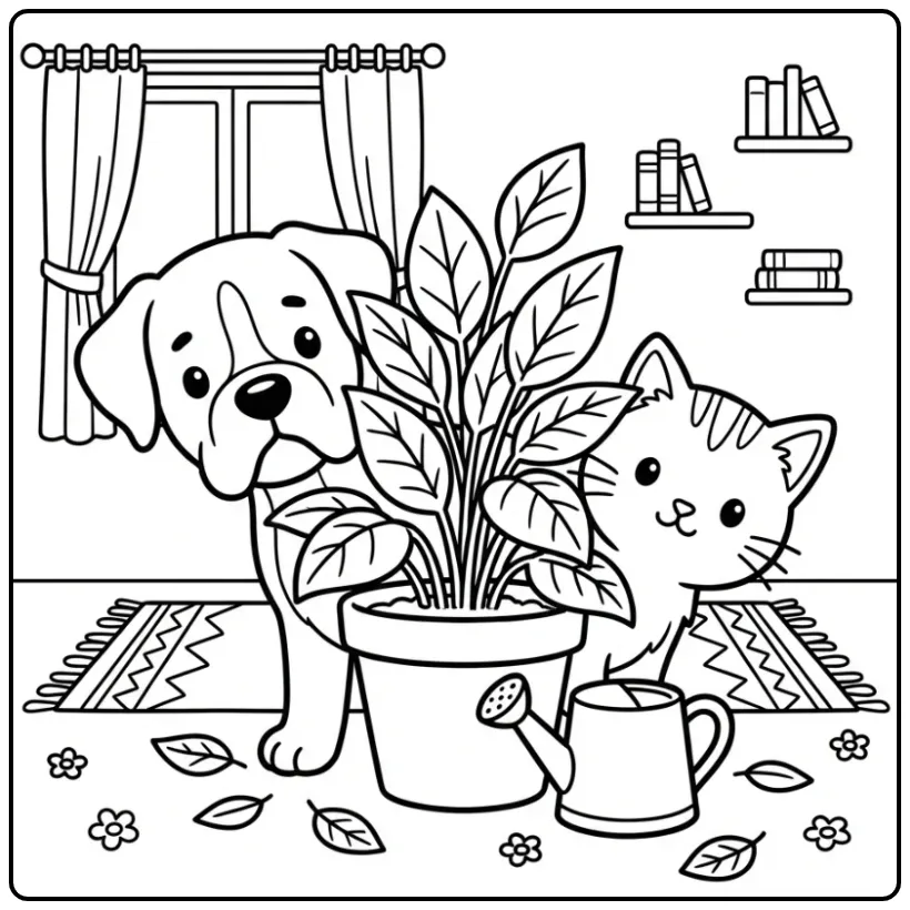 Boxer Puppy and Kitten Hiding Behind a Plant coloring page