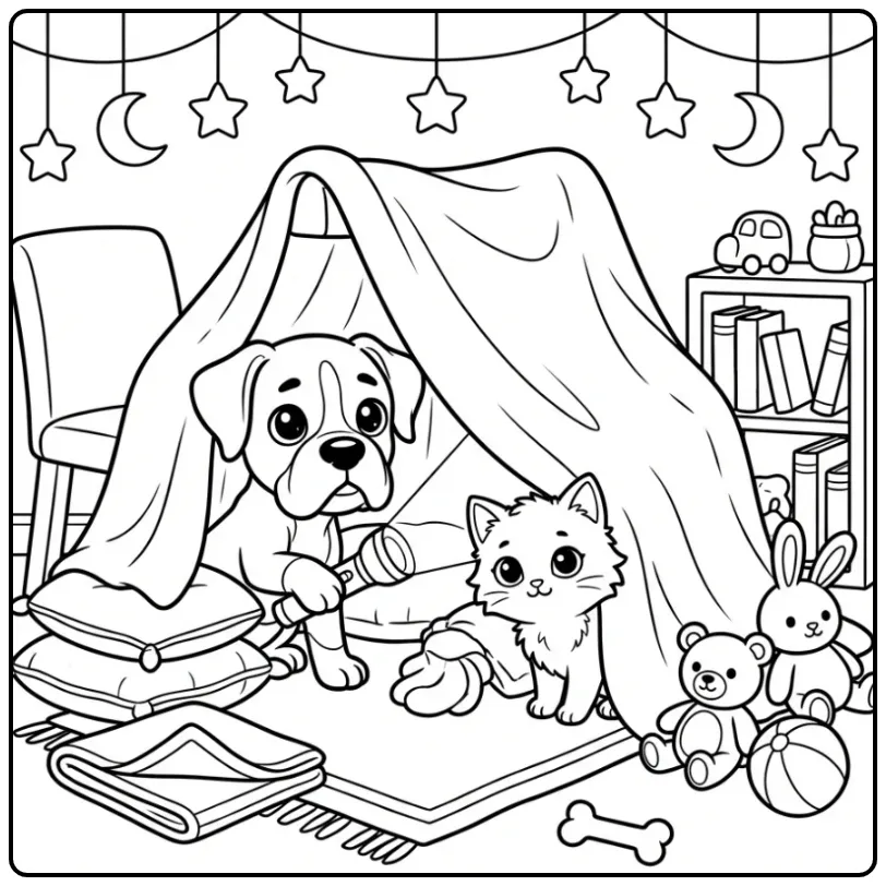 Boxer Puppy and Kitten in a Blanket Fort coloring page