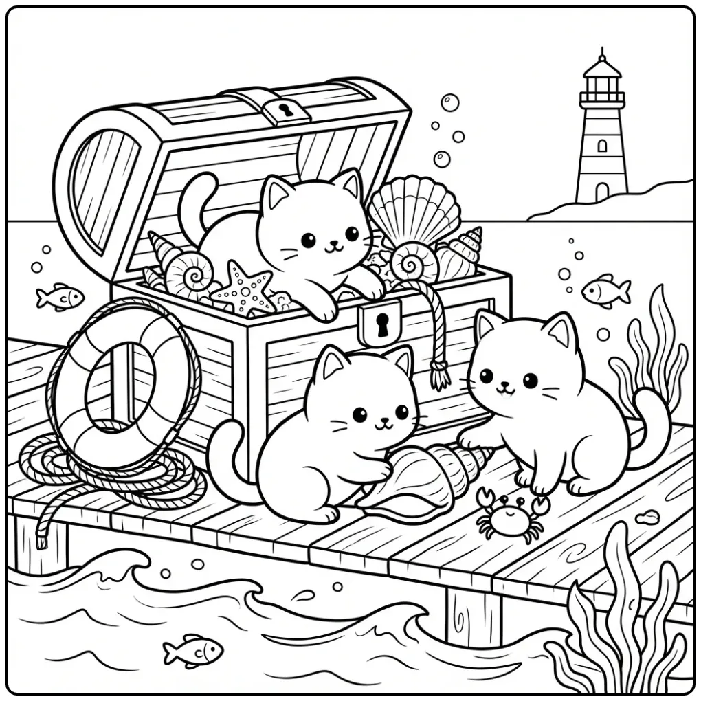 Fun Cute Kittens with a Treasure Chest coloring page