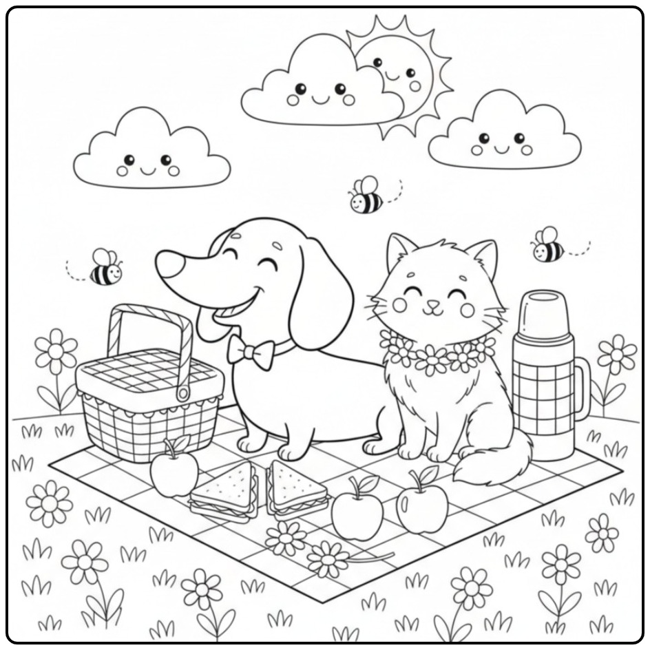 Fun Dachshund and Friends on a Sunny Day coloring page