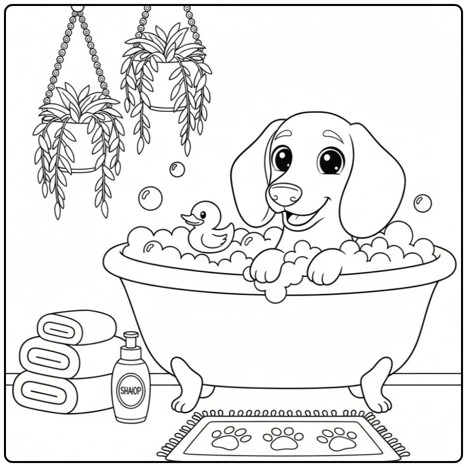 Fun Dachshund in Bath with Bells and Plants coloring page