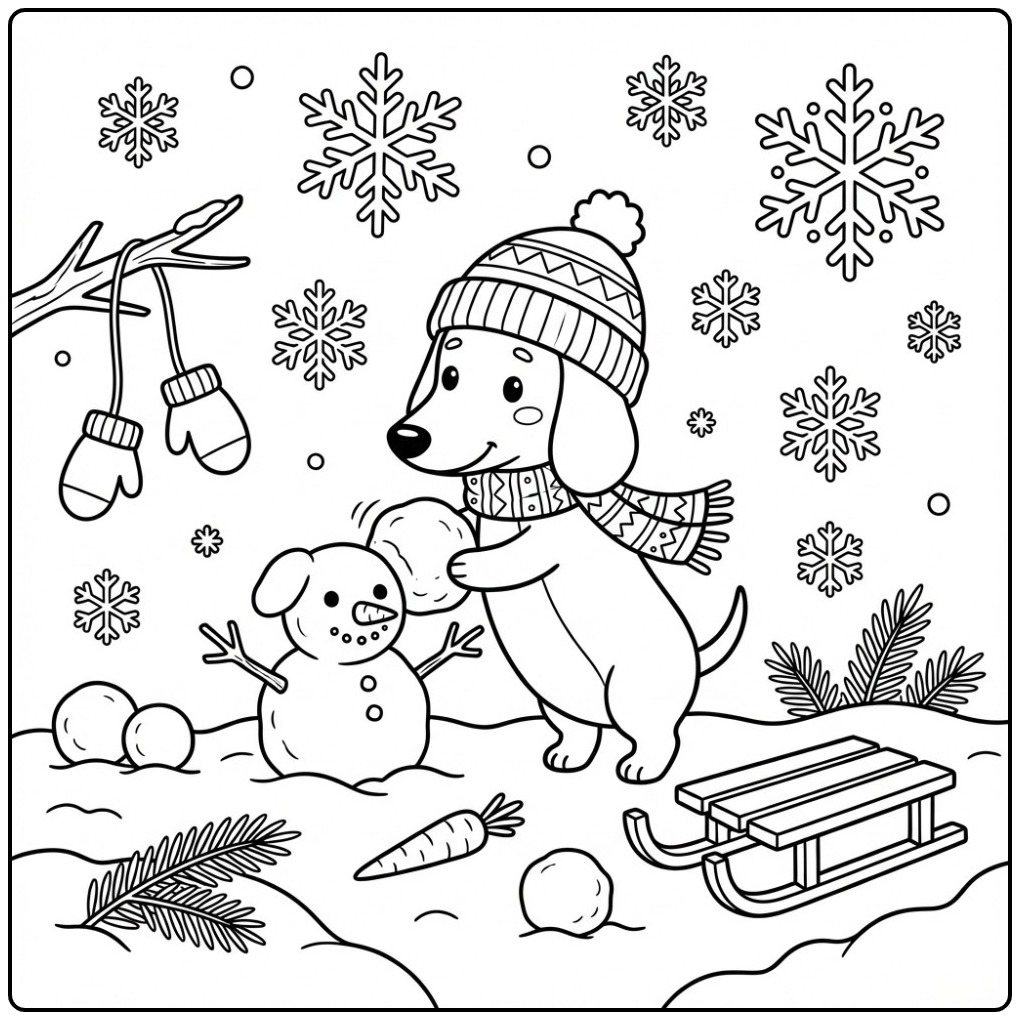 Fun Dachshund in a Winter Wonderland coloring page