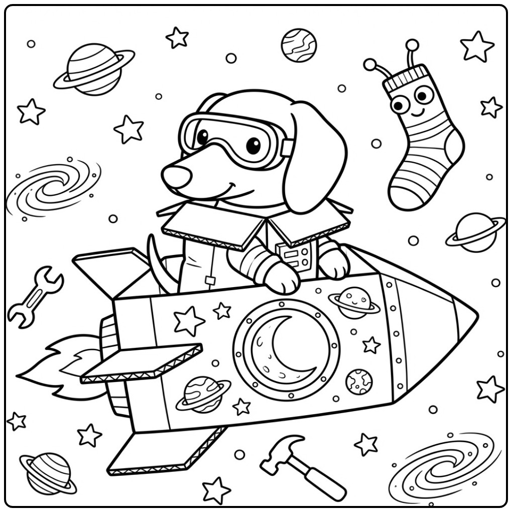 Fun Dachshund in a Homemade Cardboard Rocket coloring page