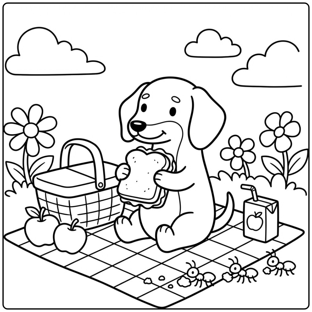 Fun Dachshund with Sandwich on a Blanket coloring page