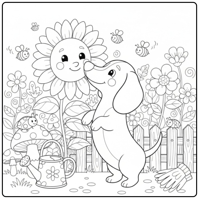 Fun Dachshund with a Cheerful Sunflower coloring page