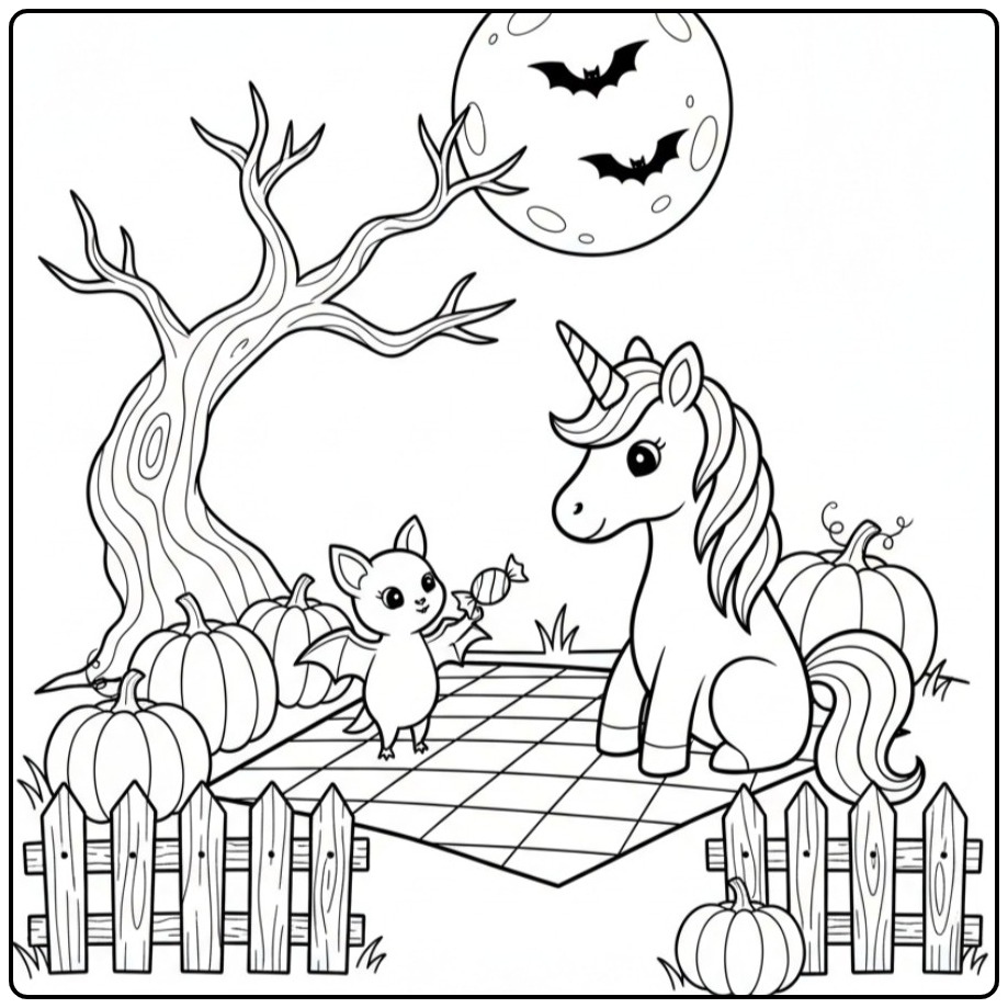Fun Unicorn and Bat for Halloween 1 coloring page