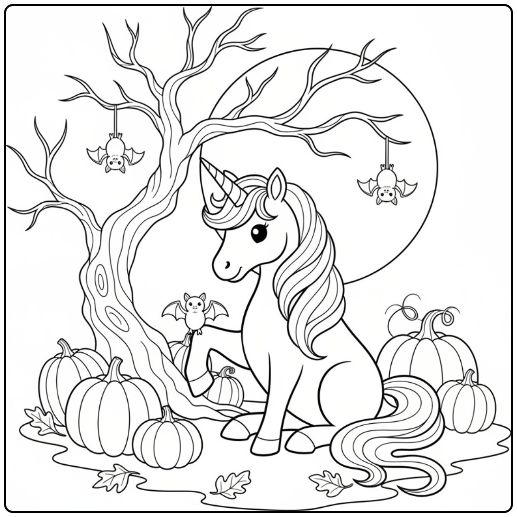 Fun Unicorn and Bat for Halloween coloring page